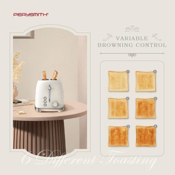 PerySmith TT1010 retro 2-slice bread toaster in white with variable browning control settings, showing 6 different toast browning levels from light to dark.