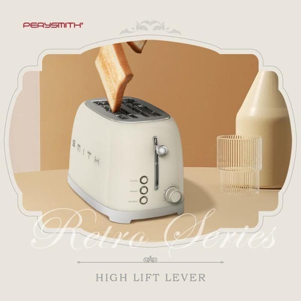 PerySmith TT1010 white retro 2-slice bread toaster with high lift lever, showing toast popping up, displayed on beige background with decorative frame.