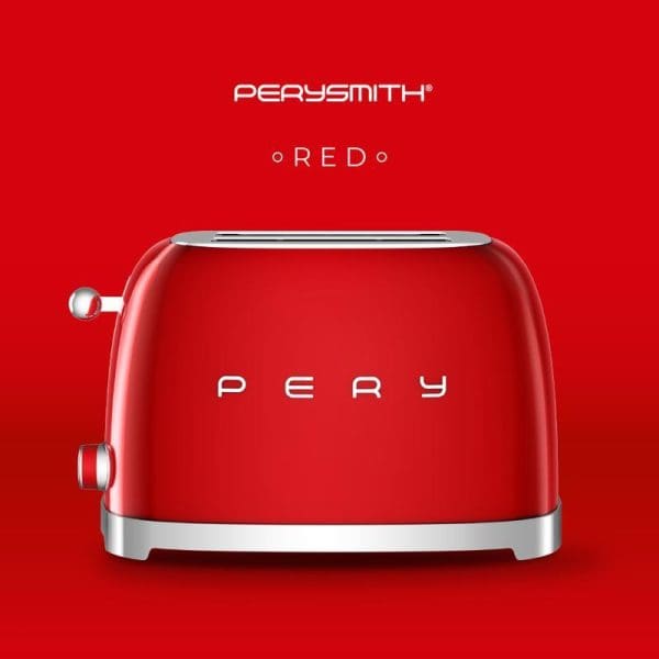 PerySmith TT1010 2-slice red retro toaster with chrome accents and PERY branding on glossy red background, featuring modern design with classic styling elements.