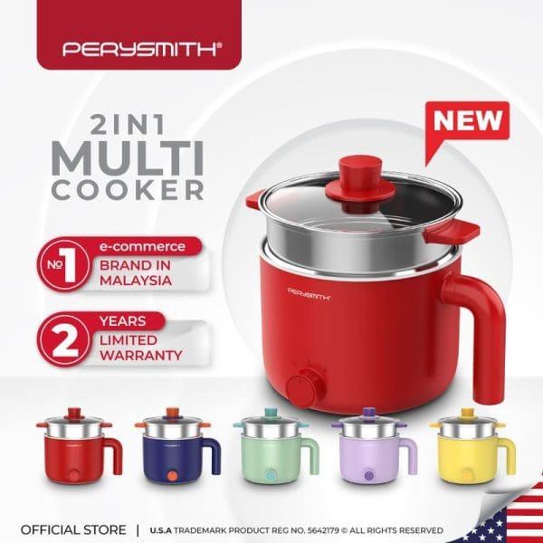 PerySmith 2-in-1 Multi Cooker in red with glass lid, available in 5 colors, featuring 2-year warranty and #1 e-commerce brand in Malaysia status.