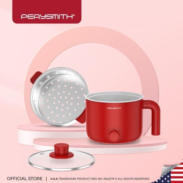 PerySmith 2in1 Multi Cooker Signature Series BQ160 in red with steamer insert, glass lid, and handle on pink background display.