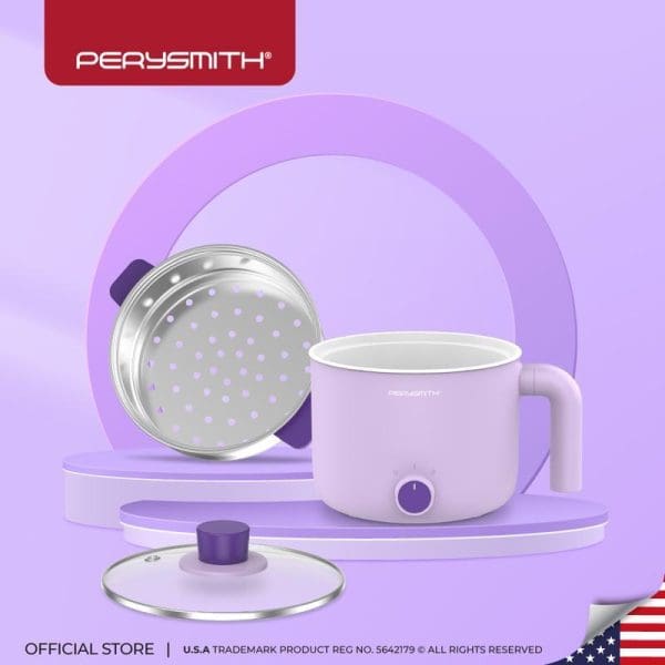 PerySmith 2in1 Multi Cooker Signature Series BQ160 in purple and white with steamer basket and glass lid on purple background