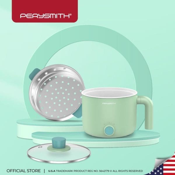 PerySmith 2in1 Multi Cooker Signature Series BQ160 in mint green color with steamer basket and lid, featuring modern design and official store branding.