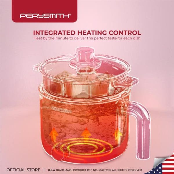 PerySmith 2in1 Multi Cooker with integrated heating control, transparent glass pot with lid and handle, showing heated contents with orange glow effect.
