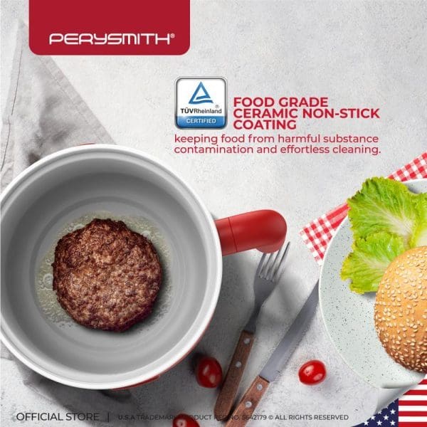 PerySmith 2in1 Multi Cooker with food grade ceramic non-stick coating, showing cooked burger patty in pan with hamburger ingredients and utensils on white surface.