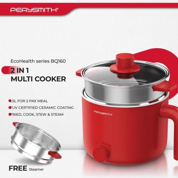 PerySmith EcoHealth series BQ160 red 2-in-1 multi cooker with steamer attachment, glass lid, 1.5L capacity, ceramic coating for cooking and steaming meals.