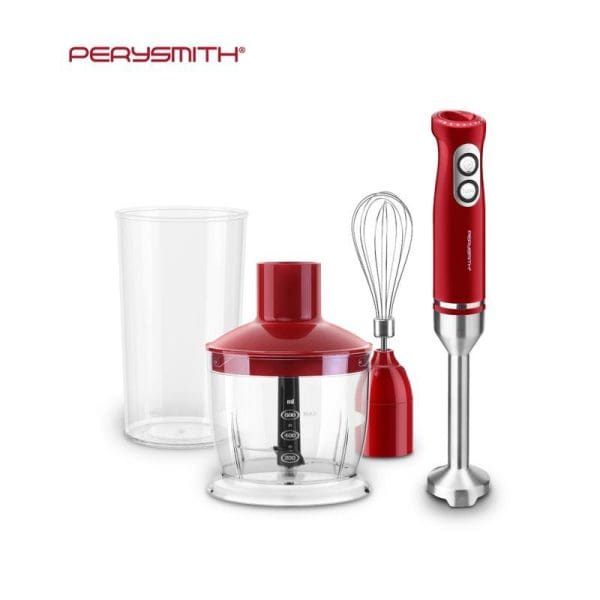 PerySmith PS850 3-in-1 Hand Blender 850W EasyCooking Series in red with chopper bowl, whisk attachment, and measuring cup on white background.