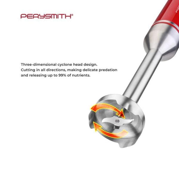 PerySmith PS850 hand blender with three-dimensional cyclone head design featuring multi-directional cutting blades and red handle, showcasing 99% nutrient retention technology.