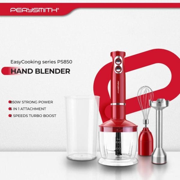 PerySmith EasyCooking Series PS850 Hand Blender with 850W power, 3-in-1 attachments including blending jar, chopper bowl, and whisk, displayed in red color scheme.
