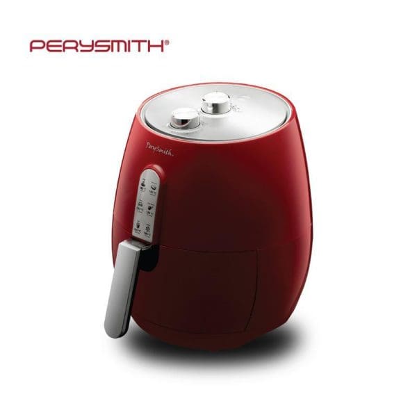 PerySmith 3D Air Fryer Ecohealth Series XL 4.8L PS1520 in red with stainless steel lid, temperature control dial, and black handle on white background.