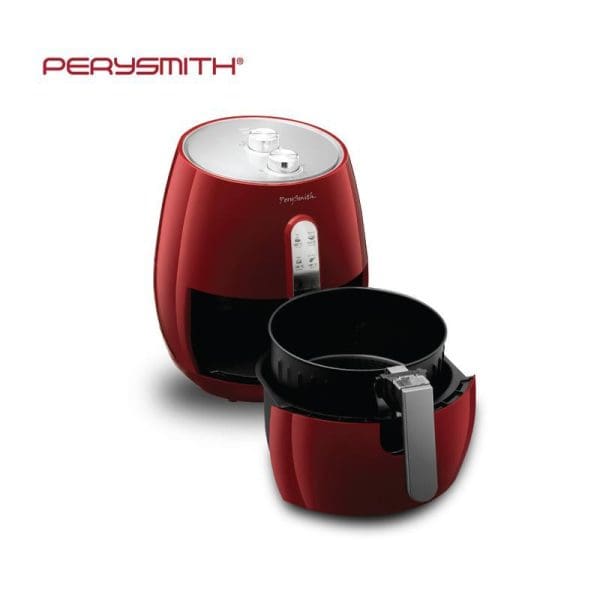 PerySmith 3D Air Fryer Ecohealth Series XL 4.8L PS1520 in red color with removable black cooking basket and digital control panel displayed against white background.