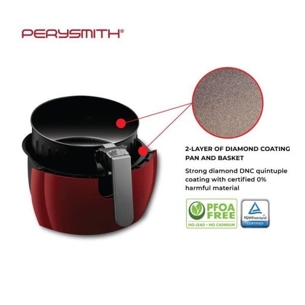 PerySmith 3D Air Fryer with red exterior, black interior basket, diamond coating detail callout, PFOA-free and TÜV certified logos displayed.