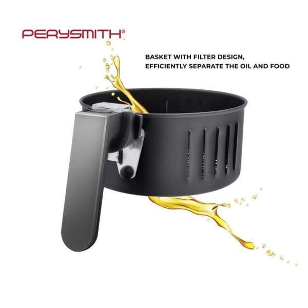 PerySmith 3D Air Fryer XL 4.8L PS1520 black basket with filter design showing oil separation feature and splashing cooking oil illustration.
