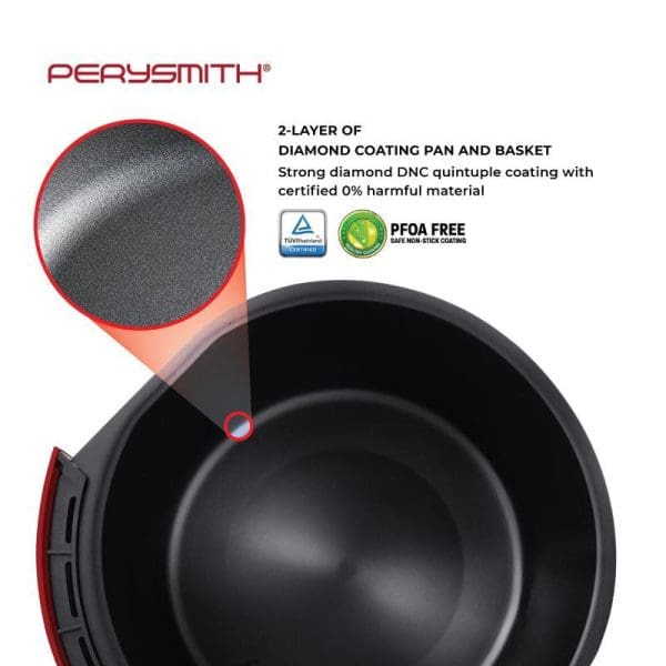 PerySmith 3D Air Fryer XL 4.8L with 2-layer diamond coating pan, PFOA-free non-stick surface, TUV certified safe materials, black interior basket closeup view.