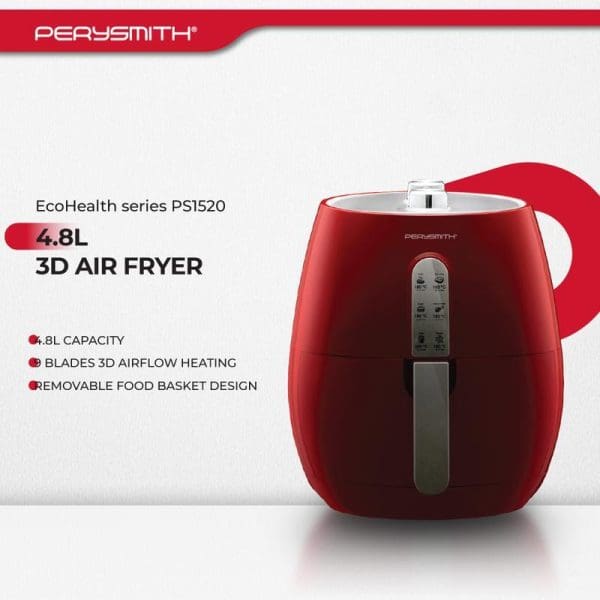 PerySmith EcoHealth PS1520 red 4.8L 3D air fryer with digital display, featuring bladeless 3D airflow heating technology and removable food basket design.