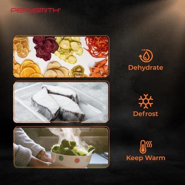 PerySmith 3in1 Smart Steam Oven showing three functions: dehydrate dried fruits and vegetables, defrost frozen fish, and keep warm cooked broccoli.