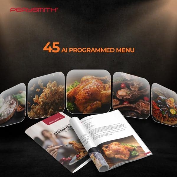 PerySmith 3in1 Smart Steam Oven AI Series AI15R with 45 AI programmed menu featuring cooked dishes and recipe cookbook displayed on dark background.