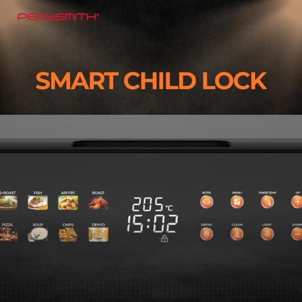 PerySmith 3in1 Smart Steam Oven AI Series AI15R digital control panel displaying Smart Child Lock feature with cooking presets, temperature 205°C, and timer 15:02.