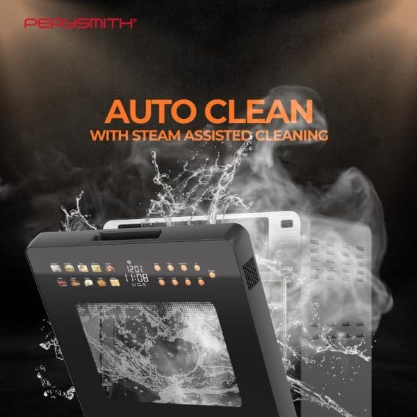 PerySmith 3in1 Smart Steam Oven AI Series AI15R with auto clean steam assisted cleaning feature, showing water splashes and steam effects on black background.