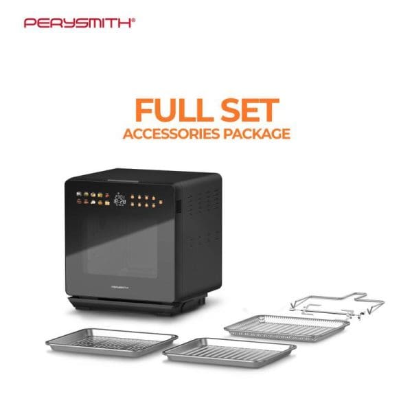PerySmith 3in1 Smart Steam Oven AI Series AI15R with full set accessories package including multiple cooking trays and racks on white background.
