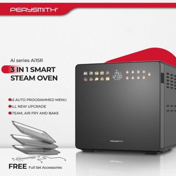 PerySmith Ai15R 3-in-1 Smart Steam Oven with digital display, 45 auto programs, steam/air fry/bake functions, and free accessories set.
