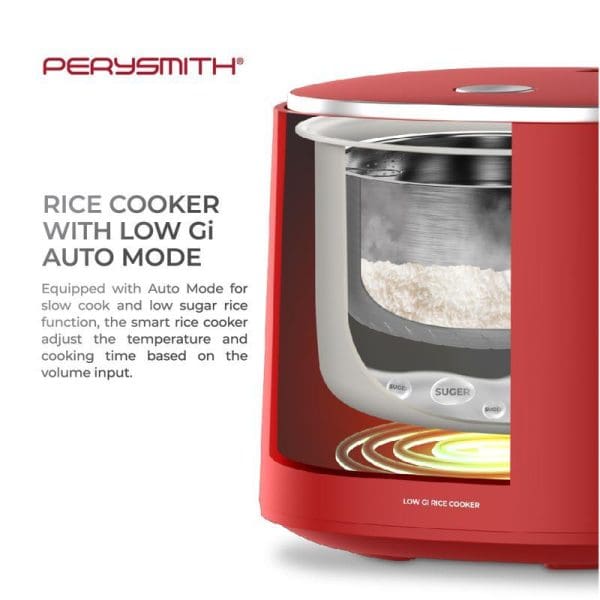 PerySmith PS900 3L red rice cooker with low GI auto mode, showing transparent inner pot with cooked rice and control panel buttons.