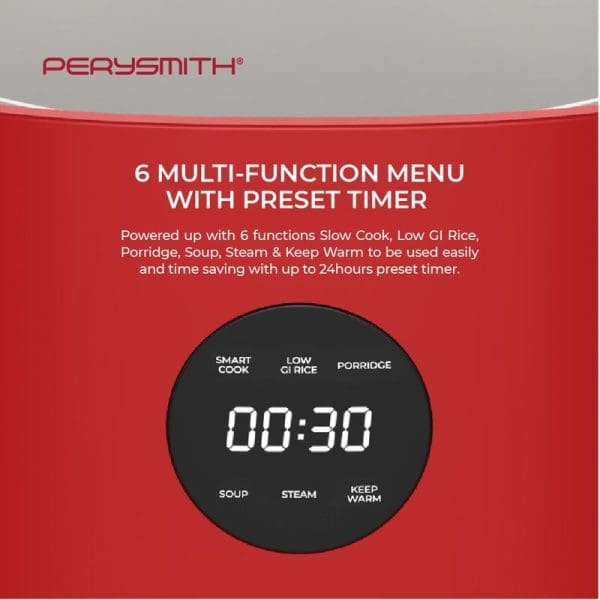 PerySmith 3L Low GI Rice Cooker with 6 multi-function menu display showing digital timer and cooking options including slow cook, porridge, soup, steam functions.
