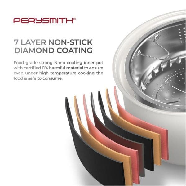 PerySmith PS900 3L rice cooker with 7-layer non-stick diamond coating, showing cutaway view of layers and stainless steel steamer insert inside cooking pot.