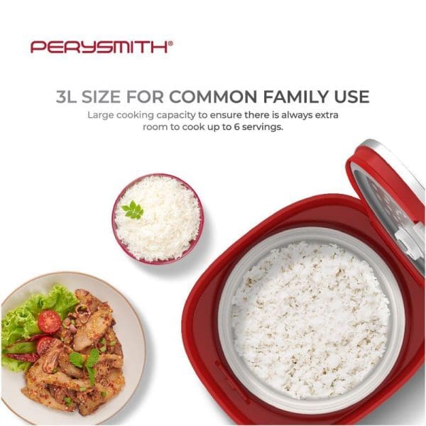 PerySmith 3L red rice cooker with cooked white rice inside, accompanied by plates of food, highlighting 6-serving capacity for family use.