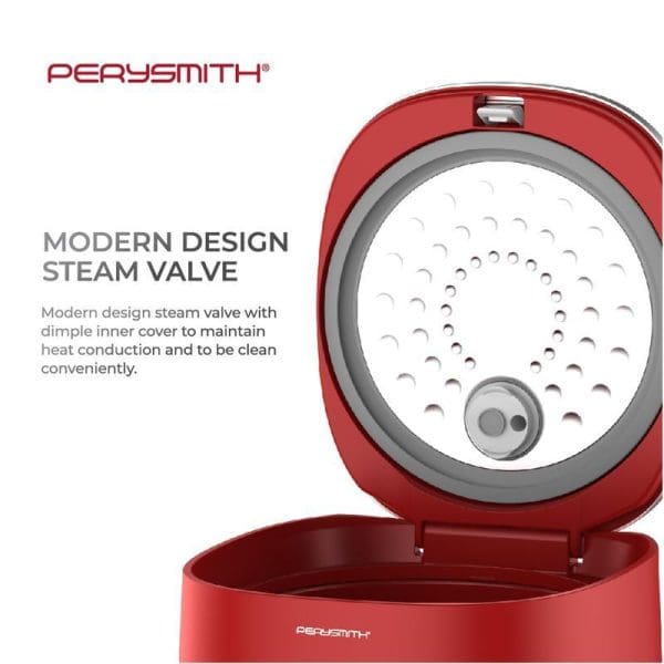 PerySmith PS900 3L red rice cooker with open lid showing modern design steam valve with dimple inner cover for heat conduction and easy cleaning.