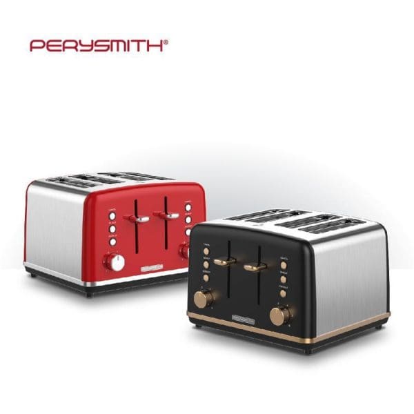 PerySmith 4 Slice Bread Toaster Signature Series SN2000 in red and black variants with stainless steel accents and control dials on white background.