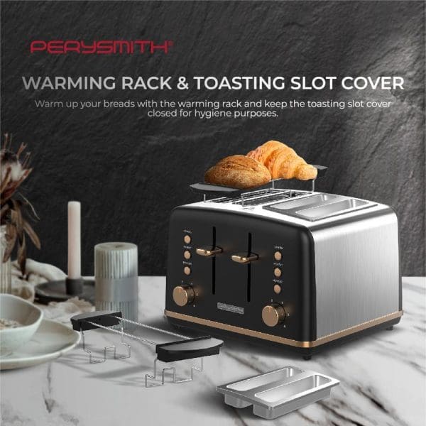 PerySmith SN2000 4-slice stainless steel toaster with warming rack, featuring black and gold design, displayed with croissants and pastries on marble countertop.