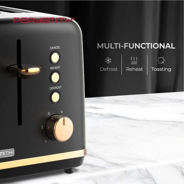 PerySmith SN2000 4-slice black toaster with gold accents showing multi-functional controls for defrost, reheat, and toasting on marble countertop background.