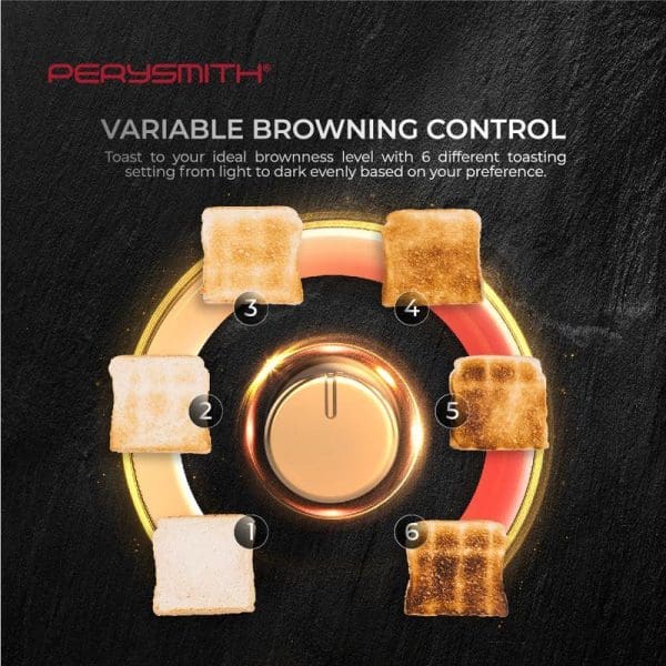 PerySmith 4 Slice Bread Toaster with variable browning control showing 6 different toasting levels from light to dark around circular dial display.