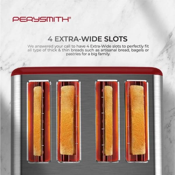 PerySmith 4-slice toaster with extra-wide slots showing four pieces of toasted bread, featuring stainless steel body with red accents and marble background.