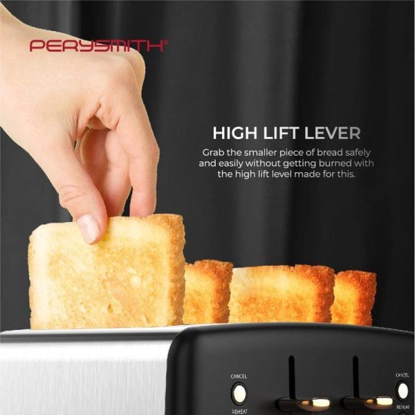PerySmith 4 Slice Bread Toaster with high lift lever feature, showing hand safely removing toasted bread slices from the appliance without risk of burning.