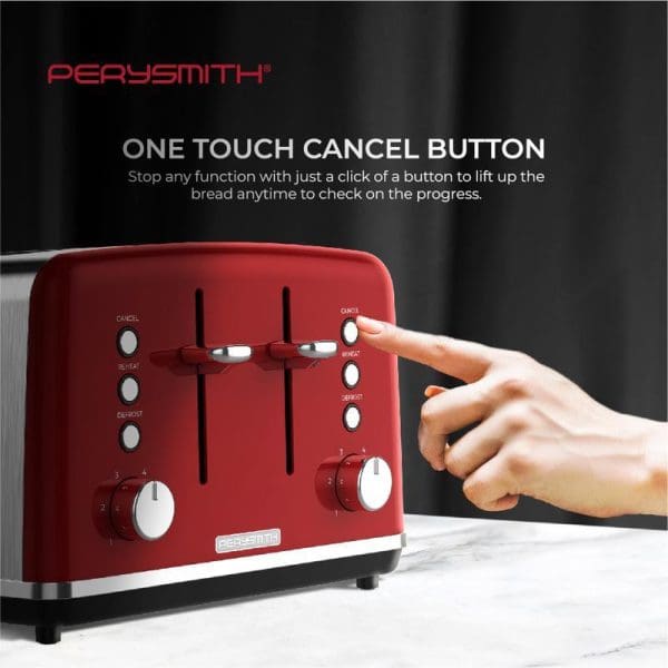 PerySmith red 4-slice toaster with finger pressing cancel button, featuring one-touch cancel function to stop toasting and lift bread for progress checking.
