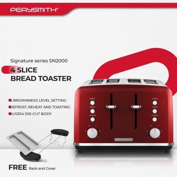 PerySmith Signature Series SN2000 4-slice red bread toaster with browning level controls, defrost/reheat/toasting functions, US304 die-cut body, includes free rack and cover accessories.