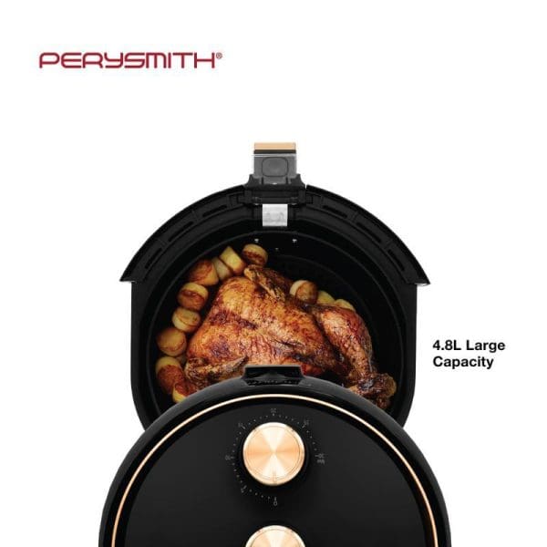 PerySmith 4.8L 3D Air Fryer with open basket showing cooked whole chicken and potatoes, featuring black design with copper accents and large capacity label.