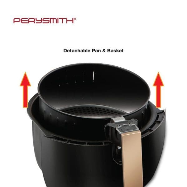 PerySmith 4.8L air fryer showing detachable pan and basket with red arrows indicating removal direction, featuring black non-stick coating and gold handle accent.