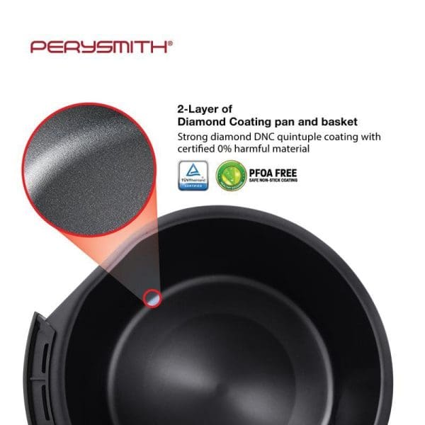 PerySmith 4.8L 3D Air Fryer showing 2-layer diamond coating pan and basket with PFOA-free non-stick surface and TUV certification logos.