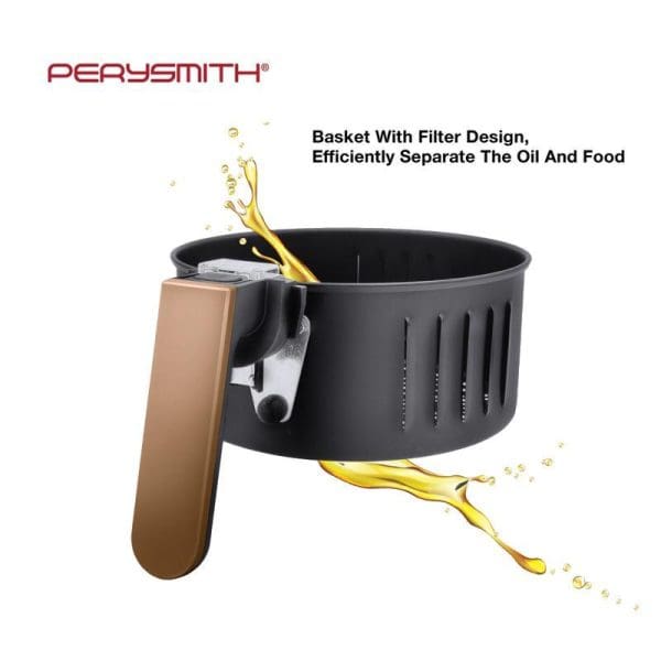 PerySmith 4.8L 3D Air Fryer basket with filter design showing oil separation feature, black basket with brown handle and oil splash graphics.