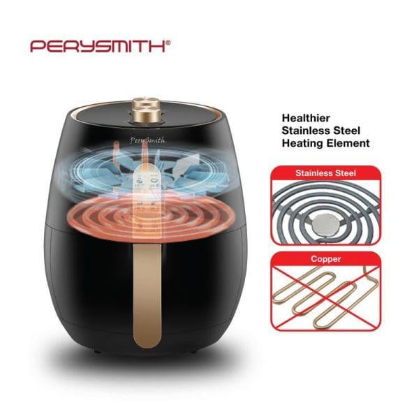 PerySmith 4.8L 3D Air Fryer XL with stainless steel heating element, showing internal airflow design and comparison between stainless steel versus copper heating elements.