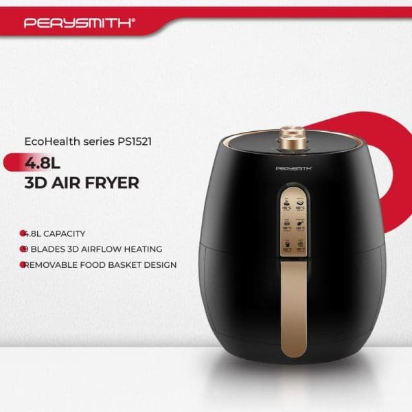 PerySmith EcoHealth series PS1521 4.8L 3D Air Fryer in black with gold accents, featuring digital display, removable food basket design, and 3D airflow heating technology.