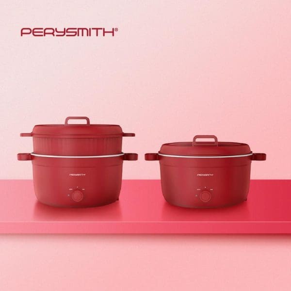PerySmith 4L 2in1 Multi Cooker Signature Series SN1100 in burgundy red color, featuring two cooking pots with lids and steamer insert on pink background.