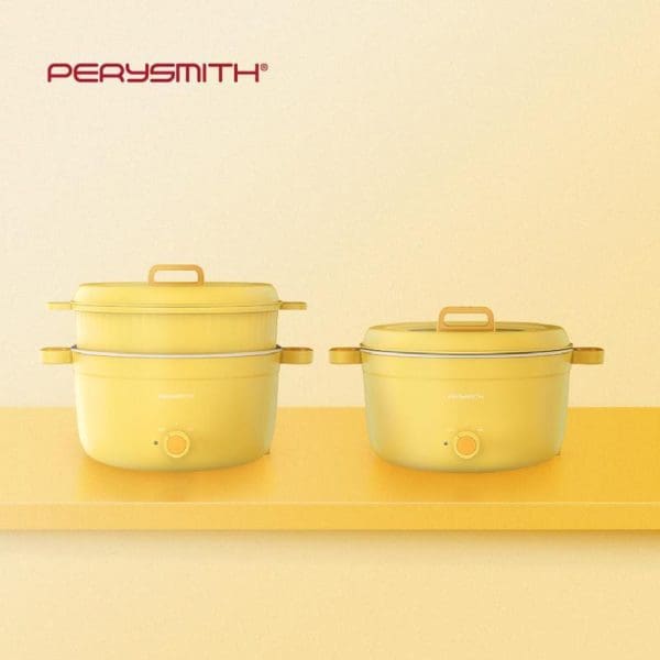 PerySmith 4L 2in1 Multi Cooker Signature Series SN1100 in yellow color with steamer insert, displayed on yellow background, available at barangelektrik.my