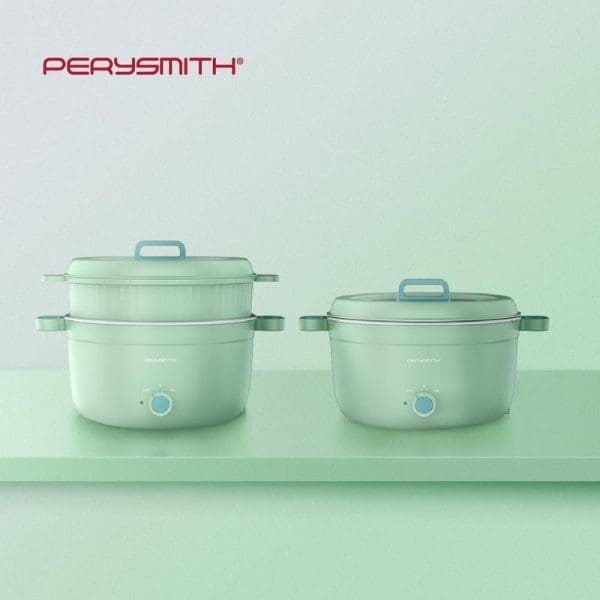 PerySmith 4L 2in1 Multi Cooker Signature Series SN1100 in mint green color with steamer basket, featuring modern design and control dial on green background.