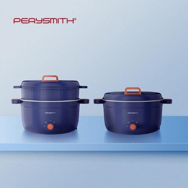 PerySmith 4L 2in1 Multi Cooker Signature Series SN1100 in navy blue with orange accents, featuring steamer insert and control dial, displayed on blue surface.