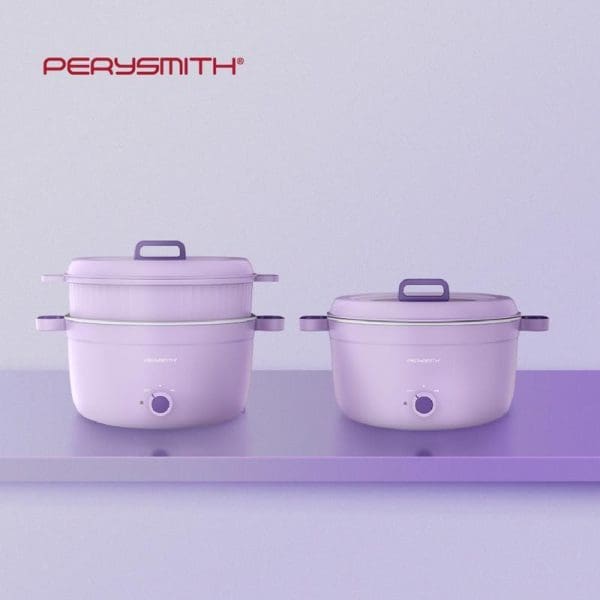 PerySmith purple 4L 2-in-1 multi cooker with steamer basket and lid, featuring dual handles and control dial, displayed on purple surface.