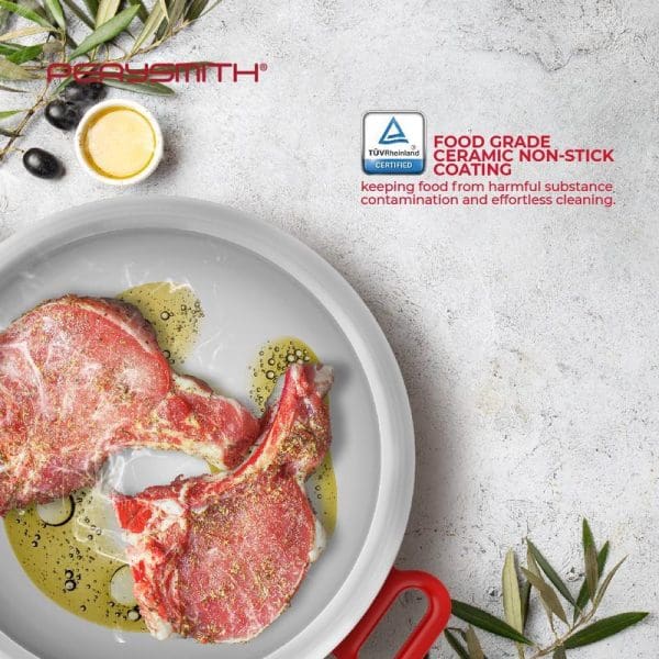 PerySmith 4L 2in1 Multi Cooker with raw meat in white ceramic pot, featuring food grade ceramic non-stick coating and TÜV Rheinland certification logo.